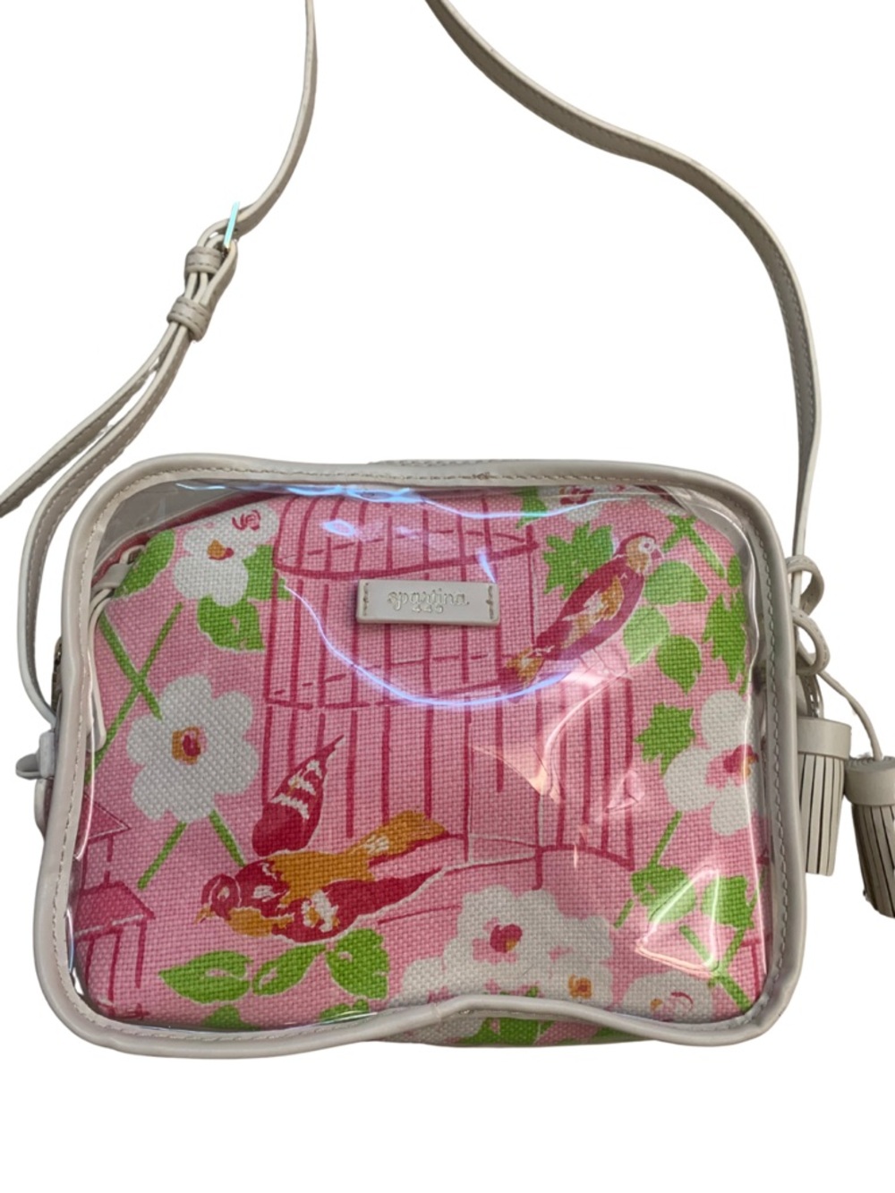 Spartina 449 Plastic Leather Linen Crossbody Bag Pink White Prairie Country - Picture 2 of 10